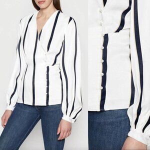 Equipment Alaine Striped Surplice-Neck Bishop-Sleeve Blouse Navy & White, Sz S